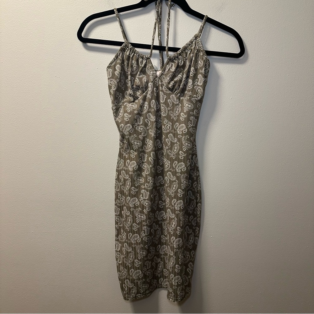 Misty Rose Green Paisley Stretch Bodycon Halter Spaghetti Strap Mini Dress Sz S